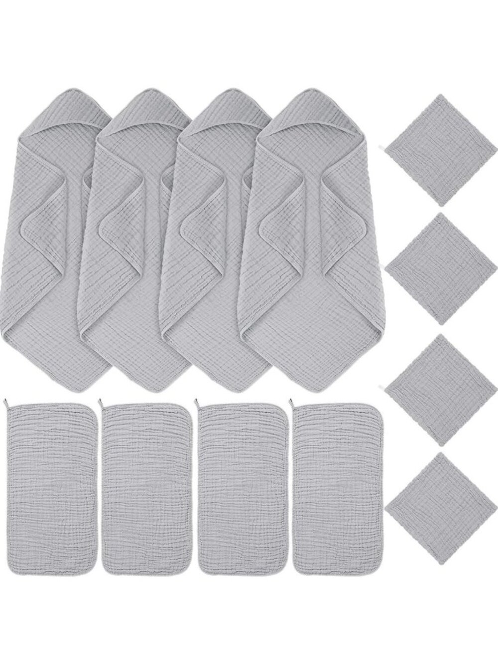 Soft Muslin Hooded Baby Bath Towel Set - 12 Pcs, Light Grey, Quick-Dry & Cozy